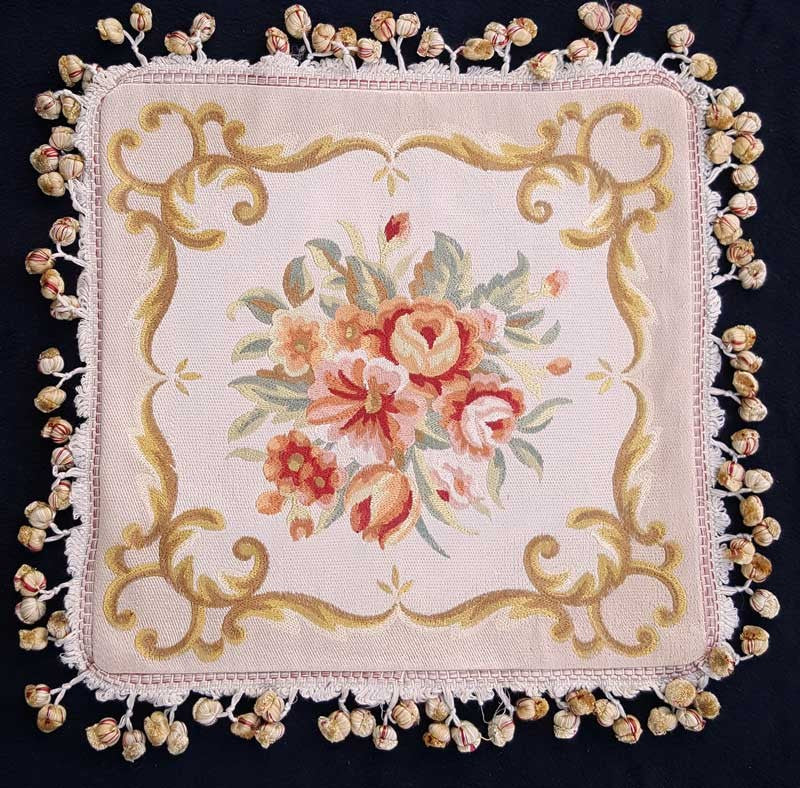 Square Flourish White & Tan Embroidered - 18" x 18"