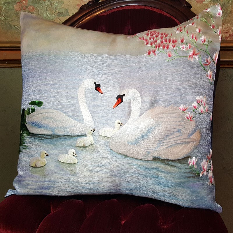 Swans-a-swimming Pure Silk Embroidered - 20" x 20"