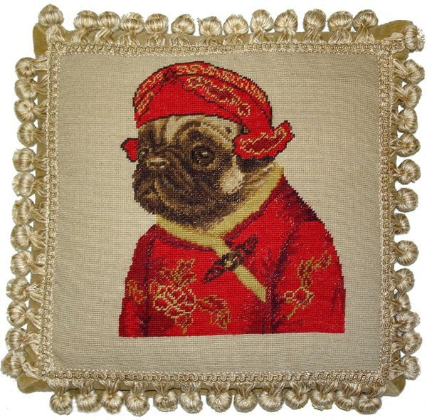 Pug in Red Facing Left - 12" x 12" needlepoint pillow