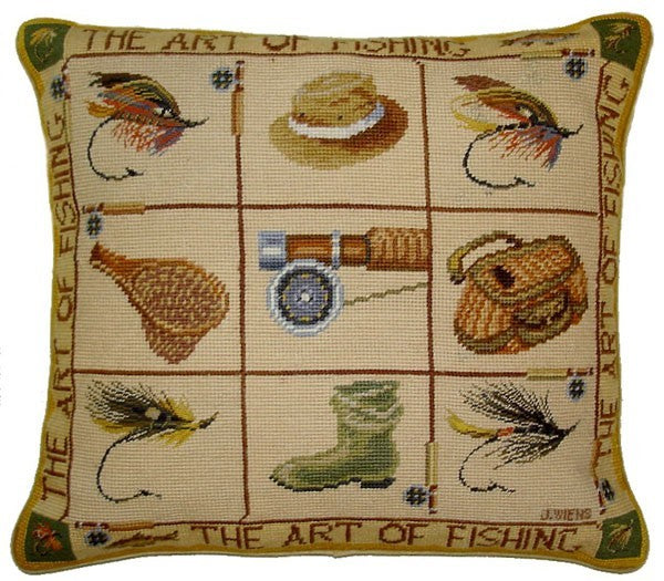 Fishing Equipment - 16 by 18" needlepoint pillow