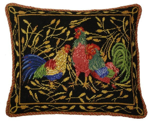 Chickens on Black - 18" x 18" needlepoint pillow