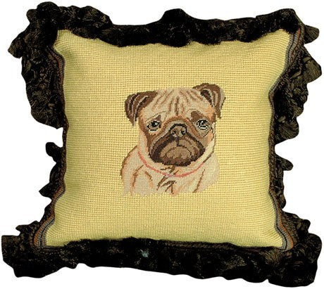 Fawn Pug 12" x 12 Mixed-Stitch needlepoint pillow