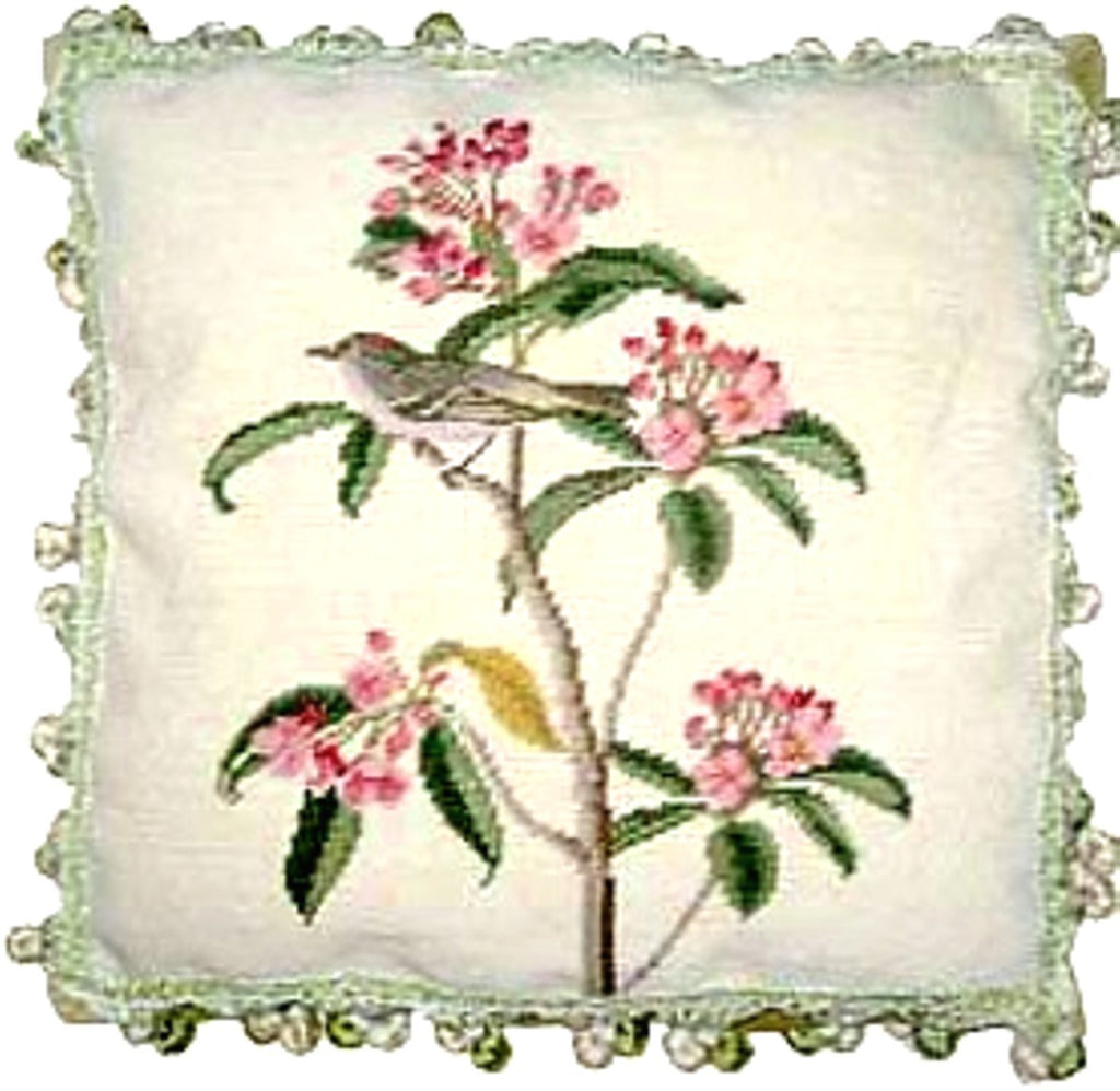 Bird and Pink Flowers - 18 by 18" needlepoint pillow