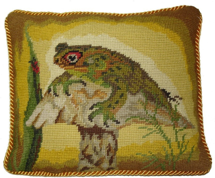 Green Frog on Toadstool - 10" x 12" needlepoint pillow