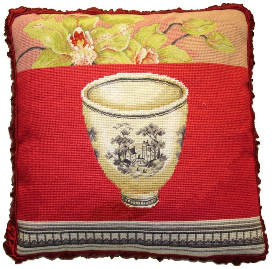 Bowl on Red - 20" x 20" needlepoint pillow