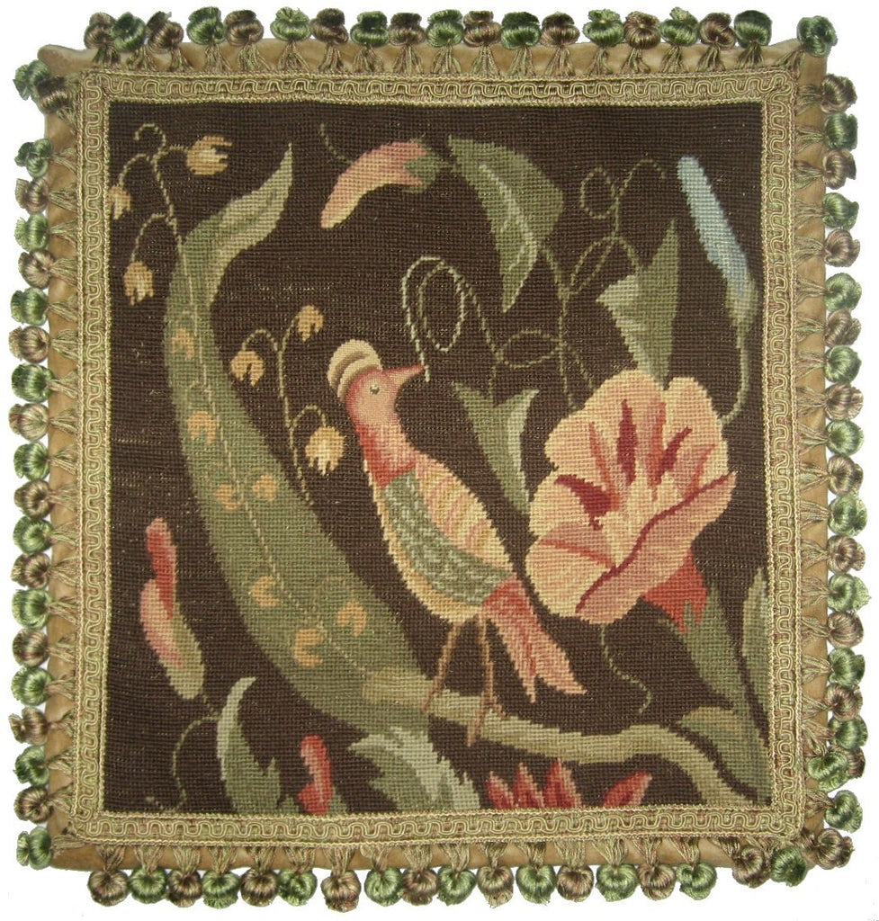 Bird and Morning Glory - 18" x 18" needlepoint pillow