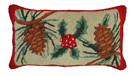 Pine Cones & Holly 12'' x 21'' Hand Hooked Pillow